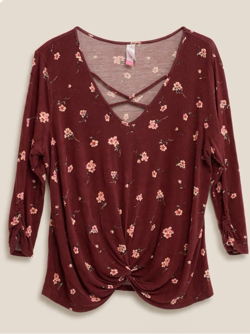 No Boundaries Maroon Floral Twist-Front V-Neck Top